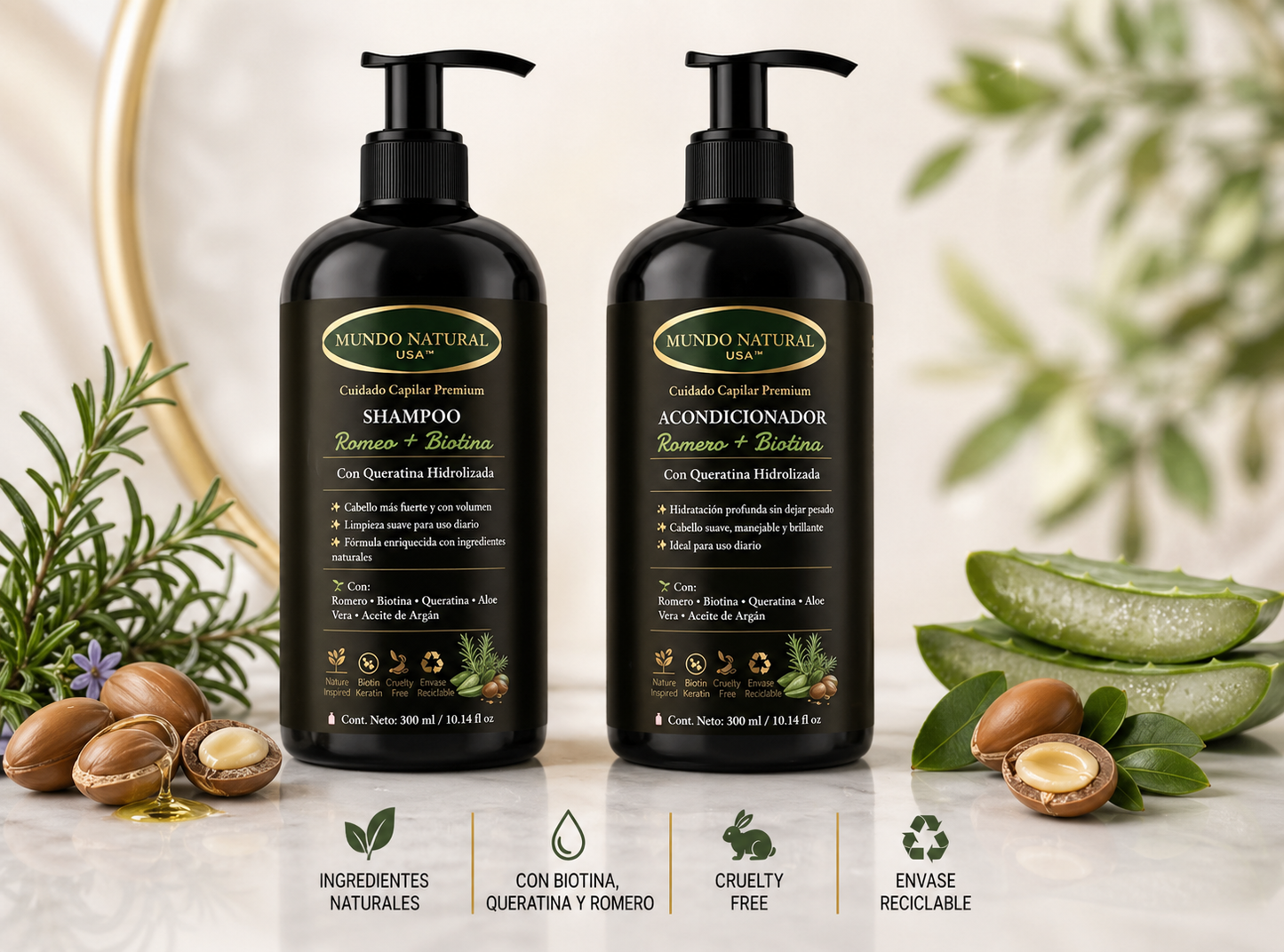 Kit Dúo Romero + Biotina con Queratina (Shampoo + Acondicionador) | Hidratación, Brillo y Cabello Suave, Brillante y Manejable