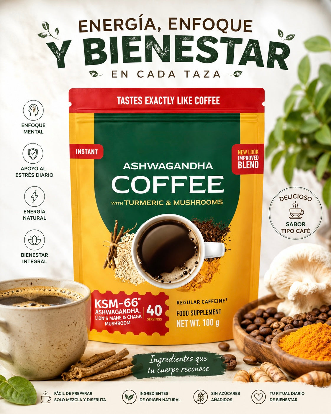 Ashwagandha Coffee con KSM-66, Cúrcuma y Hongos – Energía Natural | 40 Porciones (100g)u