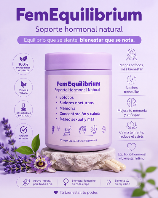 FemEquilibrium -Equilibrio Hormonal Sudores nocturnos, Memoria, Concentración y calma, Deseo sexual y más.