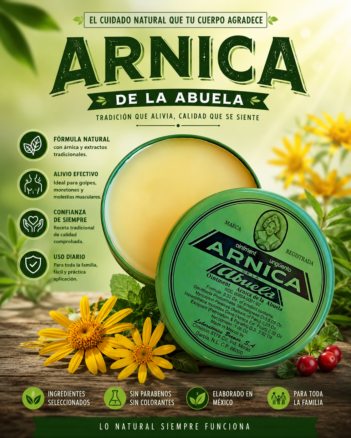 ARNICA La Abuela Ointment – Pomada Natural para Cuidado de la Piel y Masajes Corporales