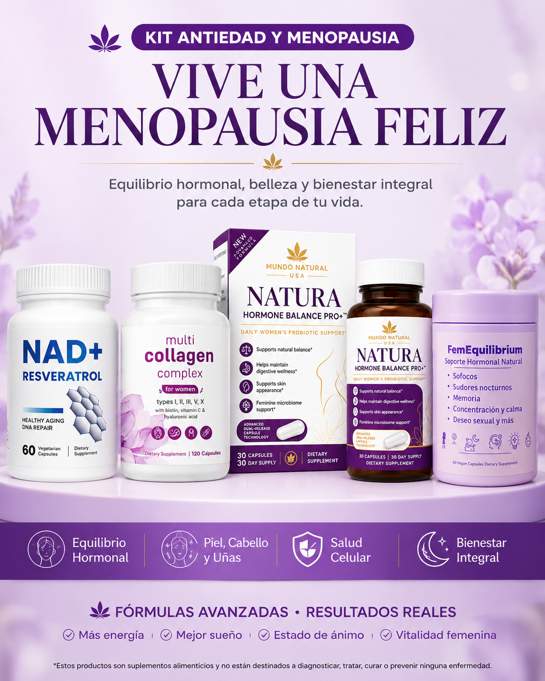 Kit Antiedad y Menopausia | Soporte Hormonal, Colágeno, Probióticos y NAD+ Resveratrol