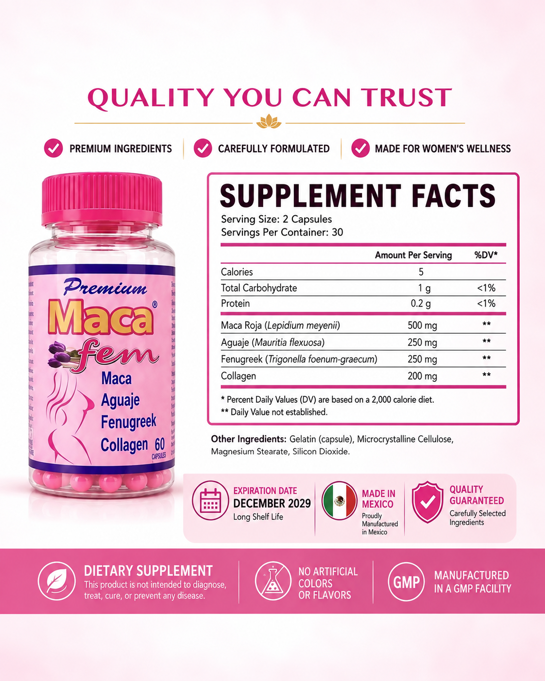 Premium Maca Fem con Aguaje, Fenogreco y Colágeno | 60 Cápsulas