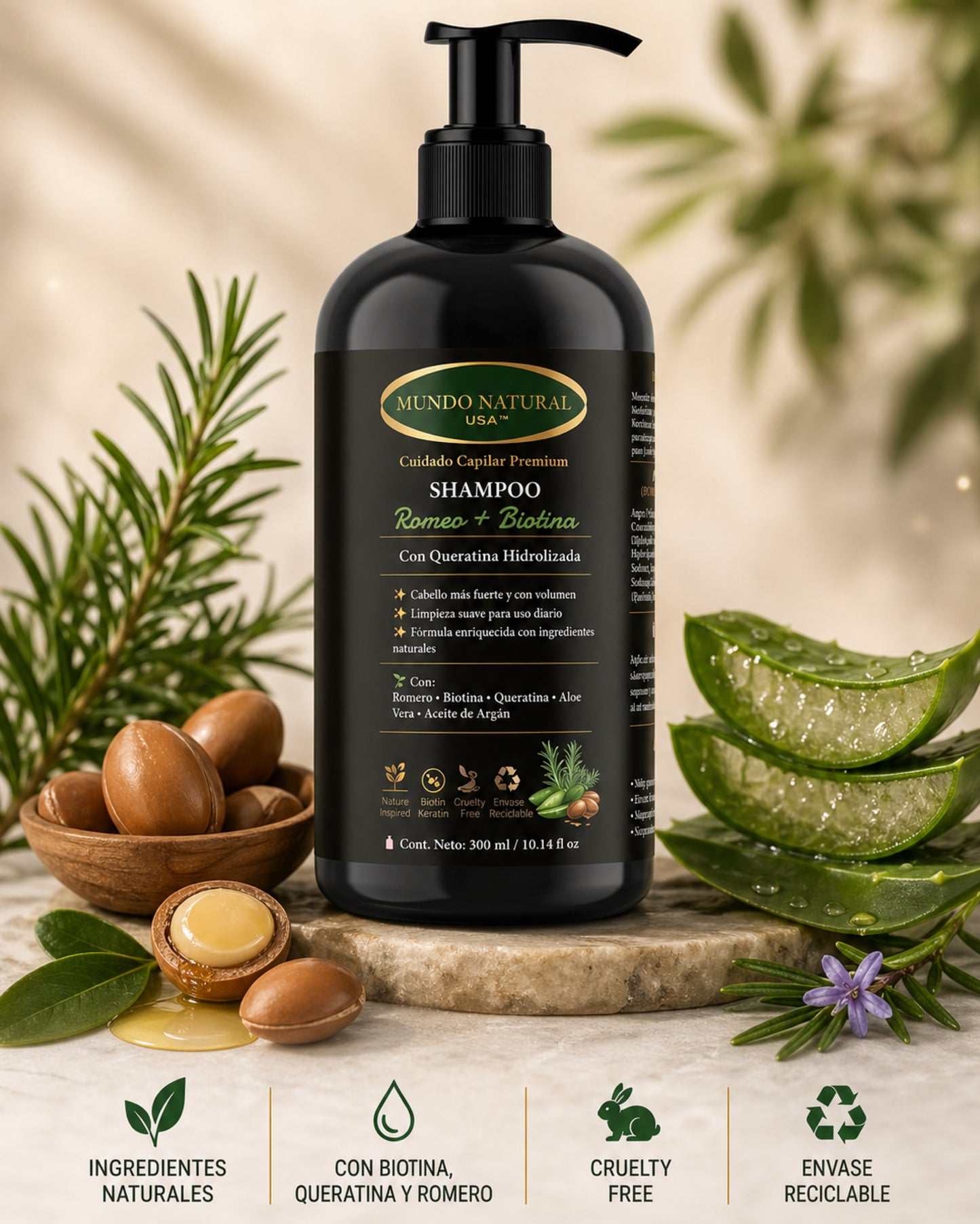Shampoo Romero + Biotina con Queratina | Limpieza Suave y Cabello con Volumen | Mundo Natural USA