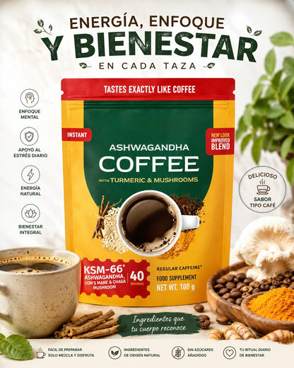 Ashwagandha Coffee con KSM-66, Cúrcuma y Hongos – Energía Natural | 40 Porciones (100g)u