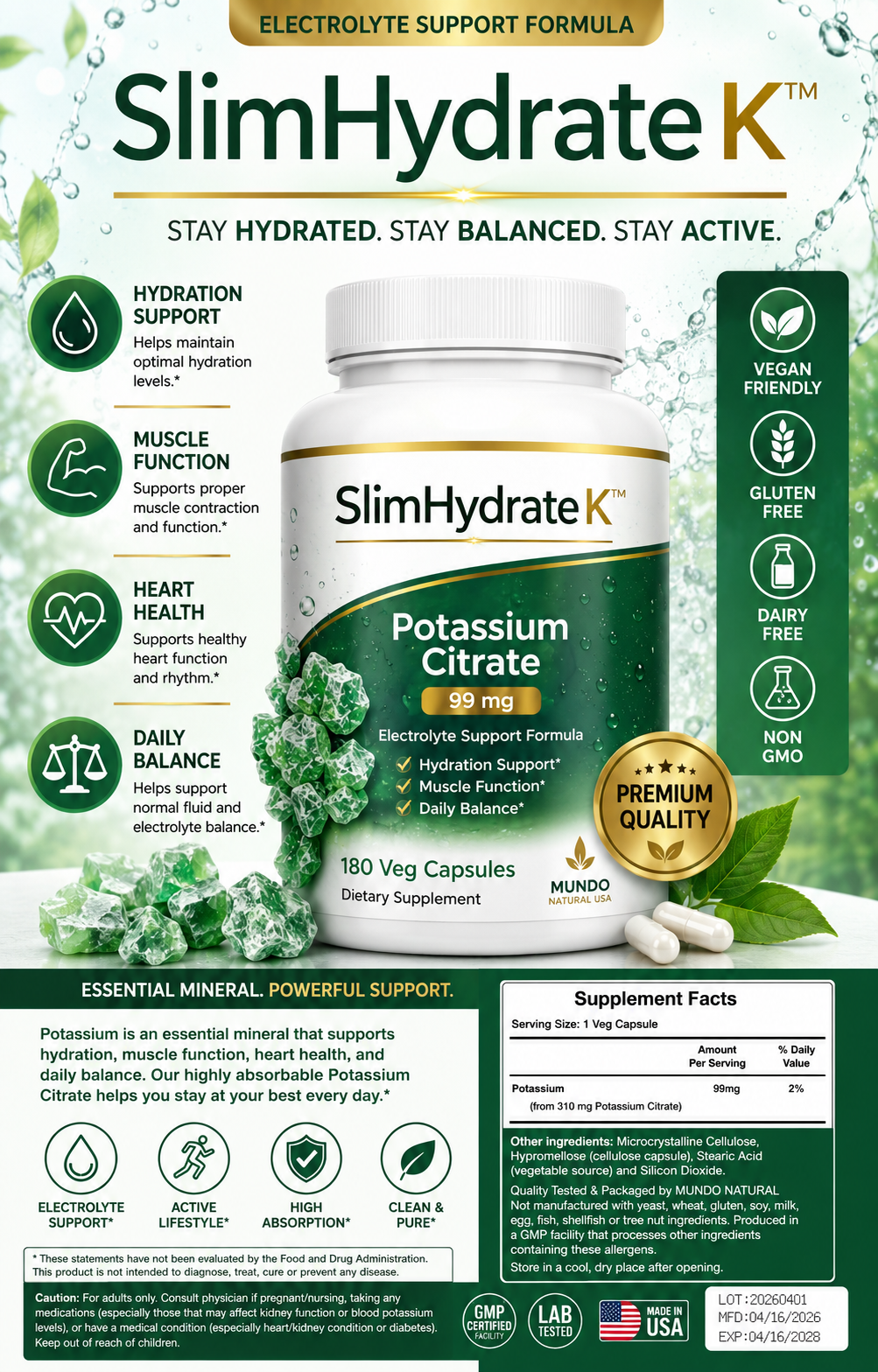 SlimHydrate Potasio Citrate 99mg – Electrolyte Support Formula | 180 Veg Capsules