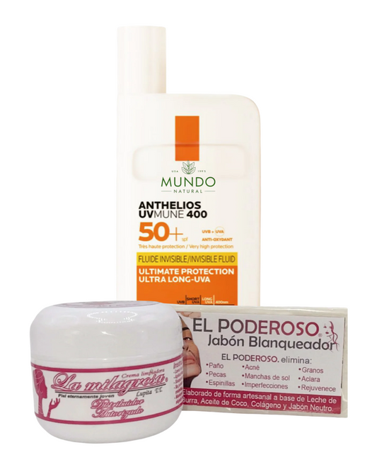 La Milagrosa Crema facial + jabón el poderoso + Protector solar para rostro FPS 50 liquido