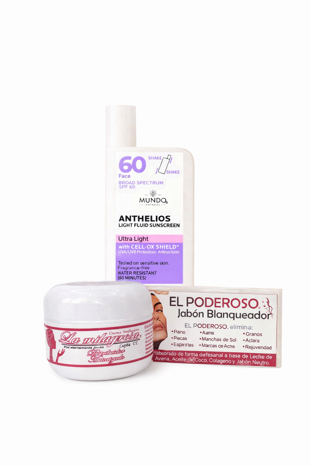 La Milagrosa Crema facial + jabón el poderoso + Protector solar para rostro FPS 50 liquido