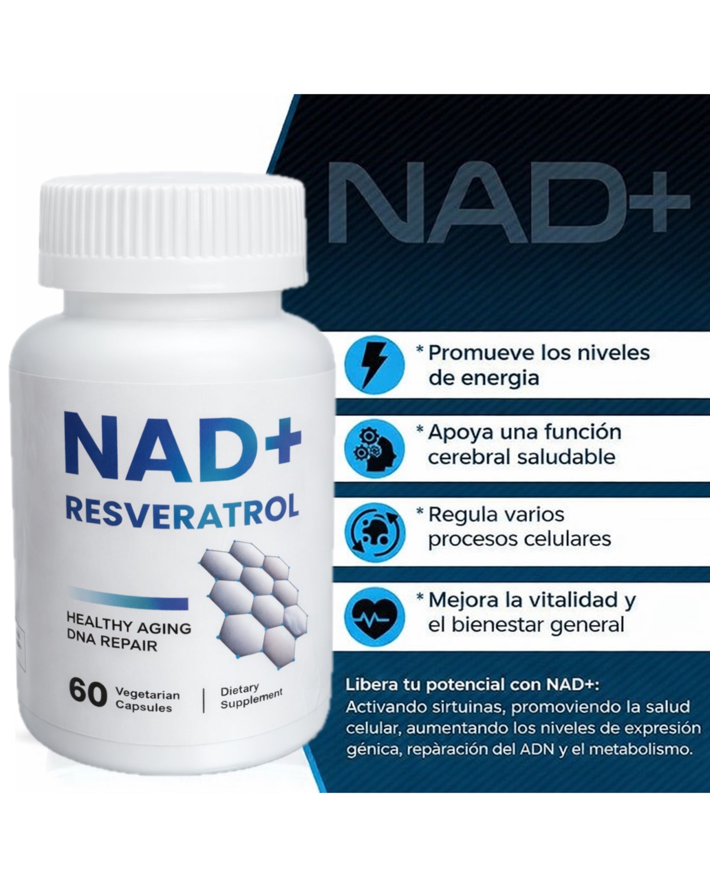 NAD - Resveratrol Berberina Ácido Hialurónico 500 mg Anti-envejecimiento