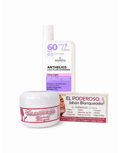 La Milagrosa Crema facial + jabón el poderoso + Bloqueador solar para rostro FPS 50 liquido