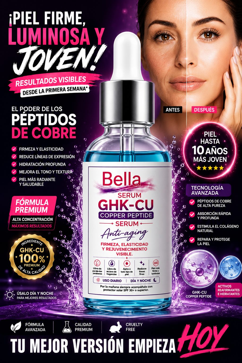 Bella GHK-CU Copper Peptide Serum | Suero Facial Reafirmante e Hidratante Anti-Aging 30 ml