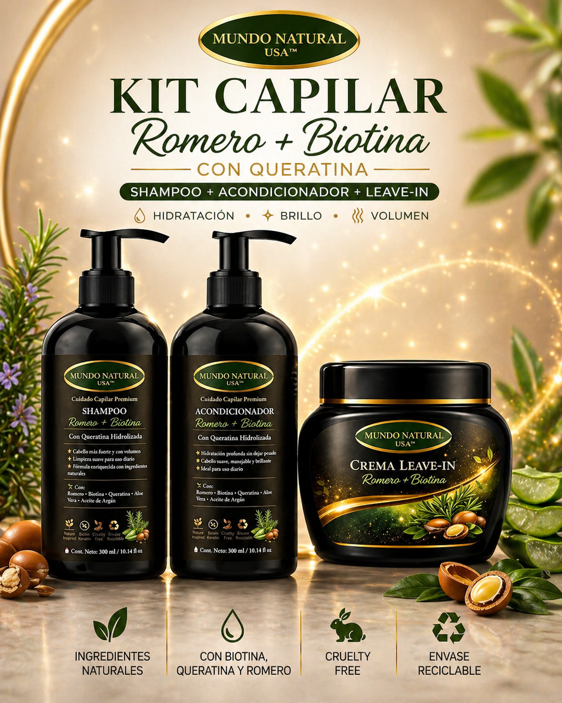 Kit Capilar Romero + Biotina con Queratina (Shampoo + Acondicionador + Leave-In) | Hidratación, Brillo y Volumen