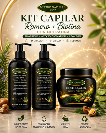 Kit Capilar Romero + Biotina con Queratina (Shampoo + Acondicionador + Leave-In) | Hidratación, Brillo y Volumen