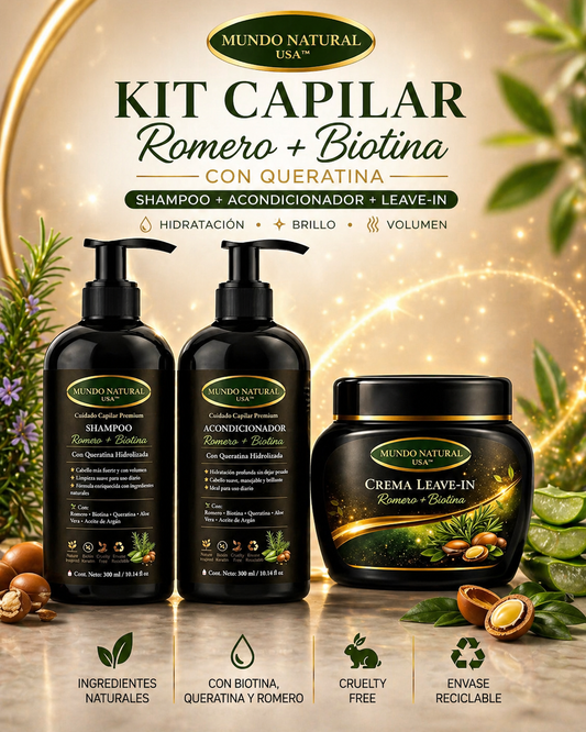 Kit Capilar Romero + Biotina con Queratina (Shampoo + Acondicionador + Leave-In) | Hidratación, Brillo y Volumen