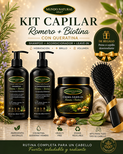Kit Capilar Romero + Biotina con Queratina (Shampoo + Acondicionador + Leave-In) | Hidratación, Brillo y Volumen