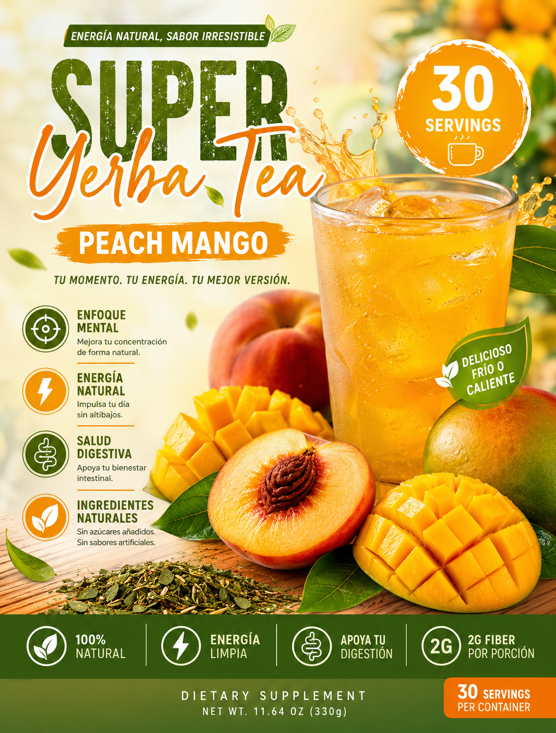 Durazno🍑 y Mango🥭 Tea- Te Super Yerba Tea Peach Mango | Tropical Herbal Tea Drink Mix | 30 Servings